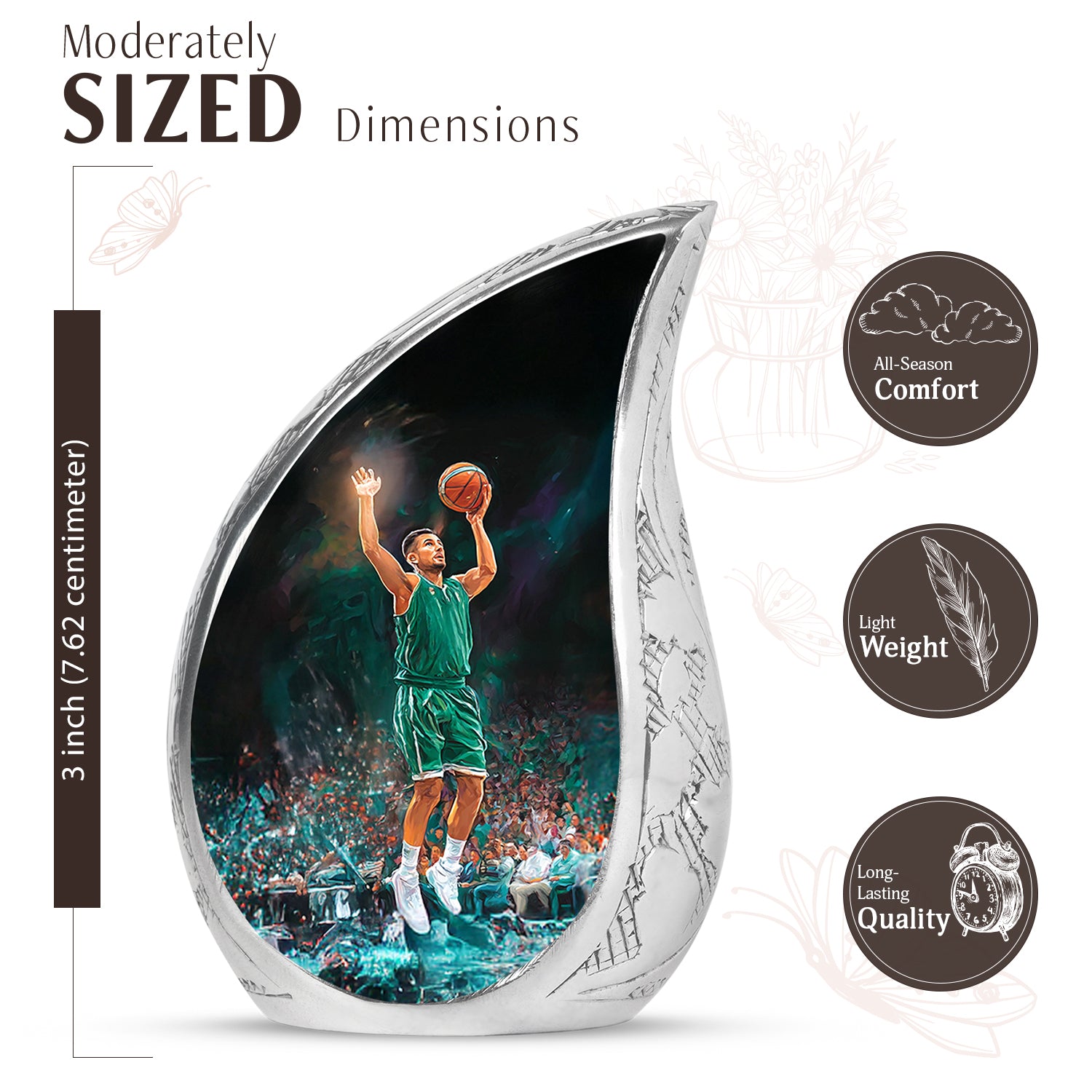 Rich Black Basketball Cremation Urn angled view of lid and engraved motif - rounded teardrop basketball design with delicate detail - mini keepsake memorial for portion of cremation ashes