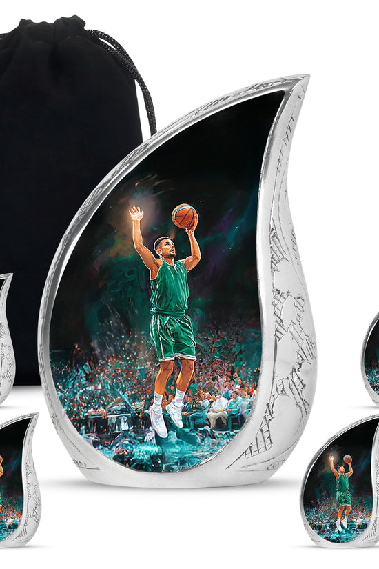 Charcoal Black Basketball Cremation Urn side profile showing urn shape - smooth teardrop contour featuring basketball art - memorial set with one large and four small urns