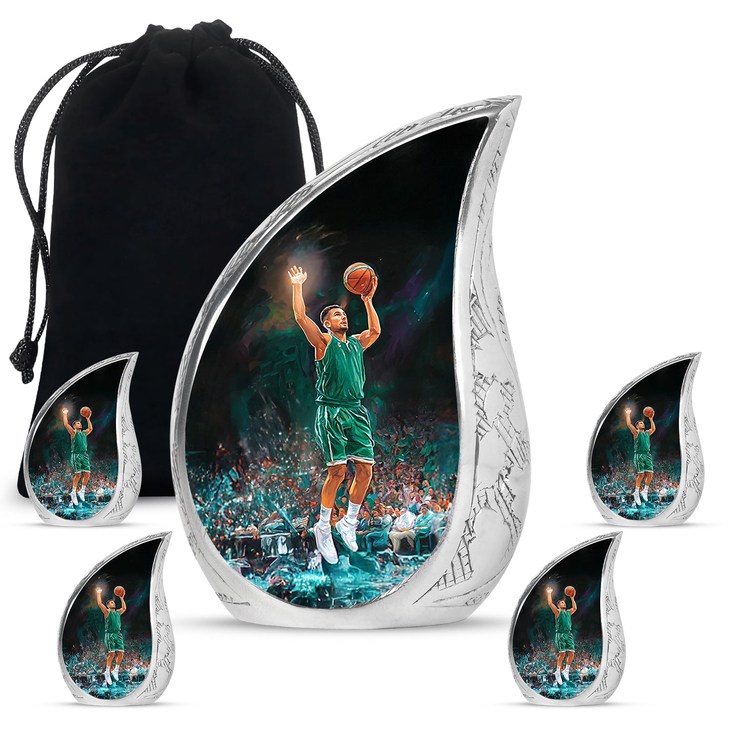 Charcoal Black Basketball Cremation Urn side profile showing urn shape - smooth teardrop contour featuring basketball art - memorial set with one large and four small urns