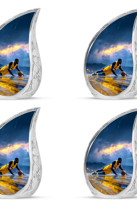 Sky Blue Basketball Cremation Urn close-up of engraving and surface detail - flowing teardrop basketball silhouette on curved aluminum - 10 inch aluminum urn for cremated remains