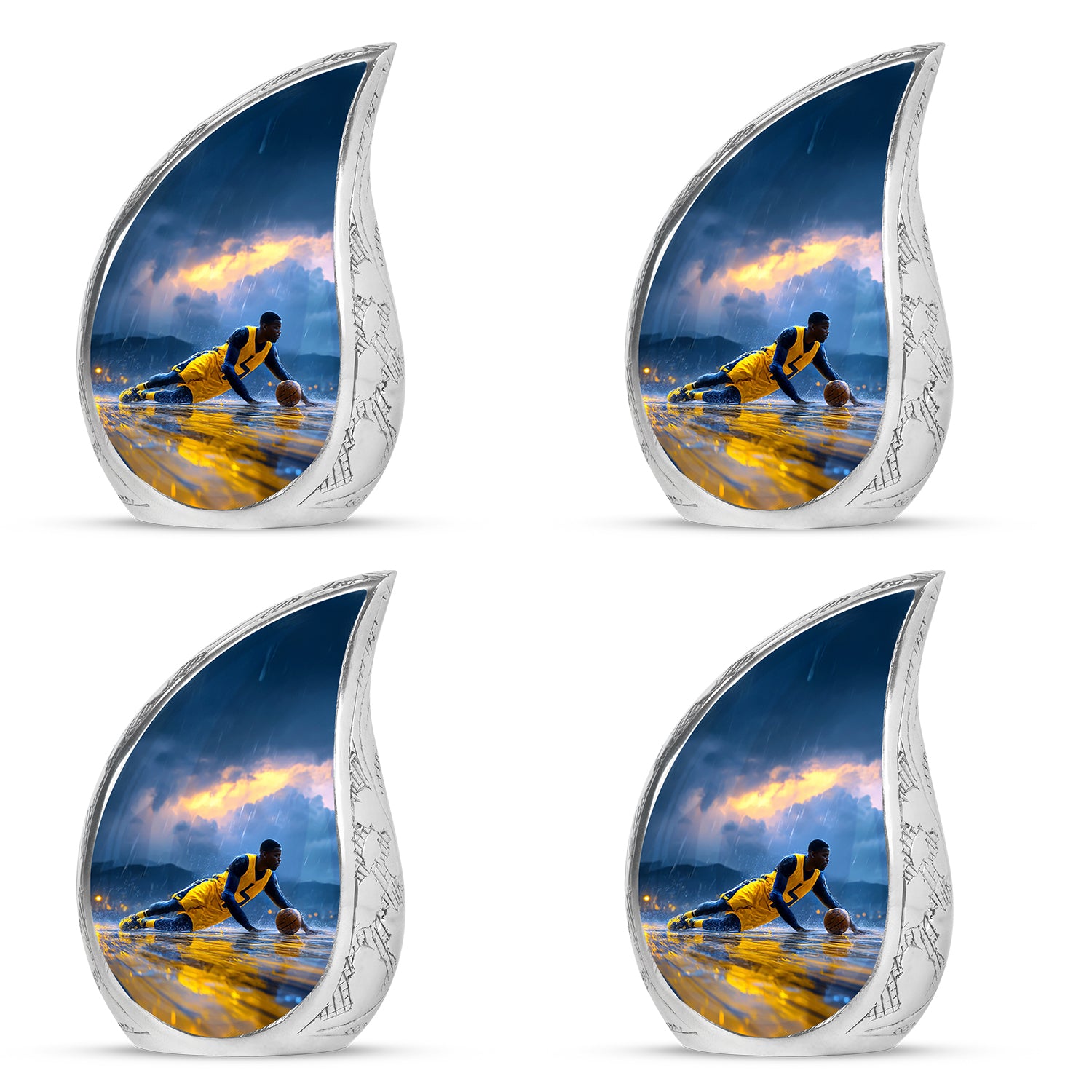 Sky Blue Basketball Cremation Urn close-up of engraving and surface detail - flowing teardrop basketball silhouette on curved aluminum - 10 inch aluminum urn for cremated remains