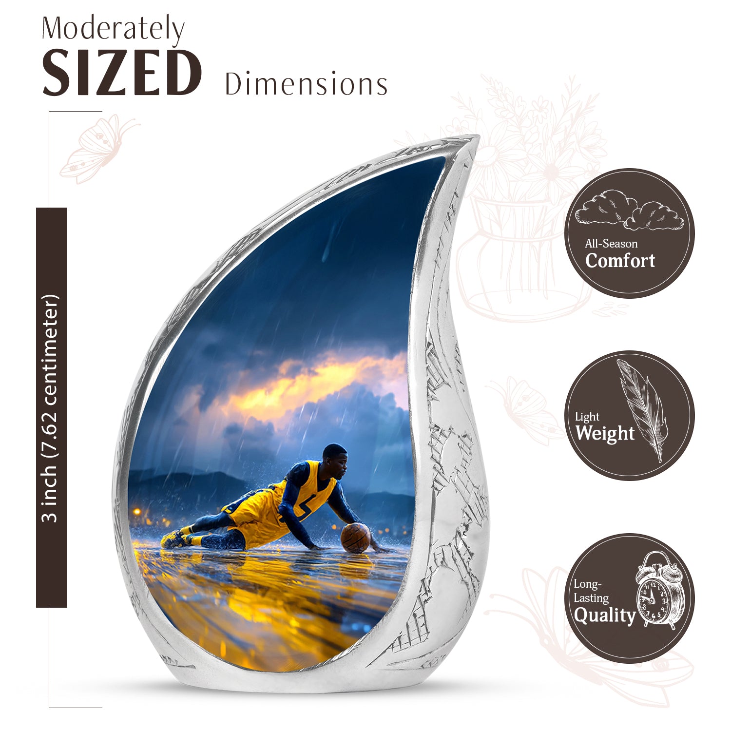 Misty Blue Basketball Cremation Urn angled view of lid and engraved motif - flowing teardrop basketball silhouette on curved aluminum - mini keepsake memorial for portion of cremation ashes