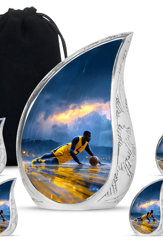 Navy Blue Basketball Cremation Urn side profile showing urn shape - rounded teardrop basketball design with delicate detail - memorial set with one large and four small urns