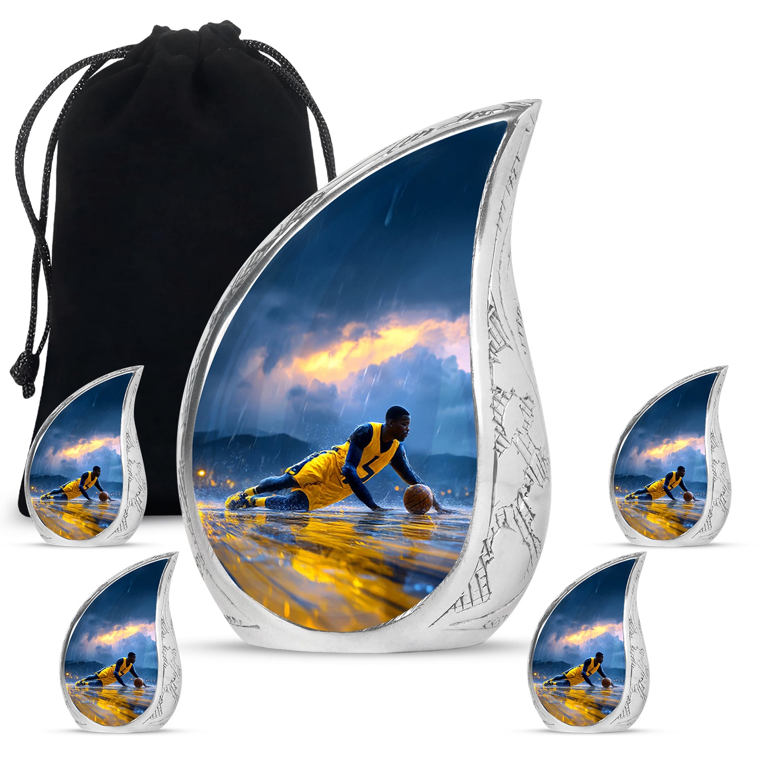 Navy Blue Basketball Cremation Urn side profile showing urn shape - rounded teardrop basketball design with delicate detail - memorial set with one large and four small urns