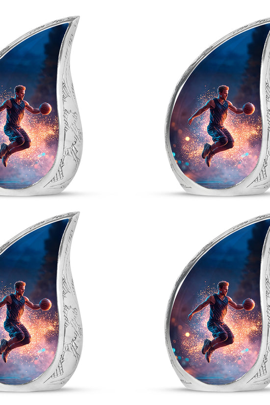 Dusty Blue Basketball Cremation Urn close-up of engraving and surface detail - flowing teardrop basketball silhouette on curved aluminum - 10 inch aluminum urn for cremated remains