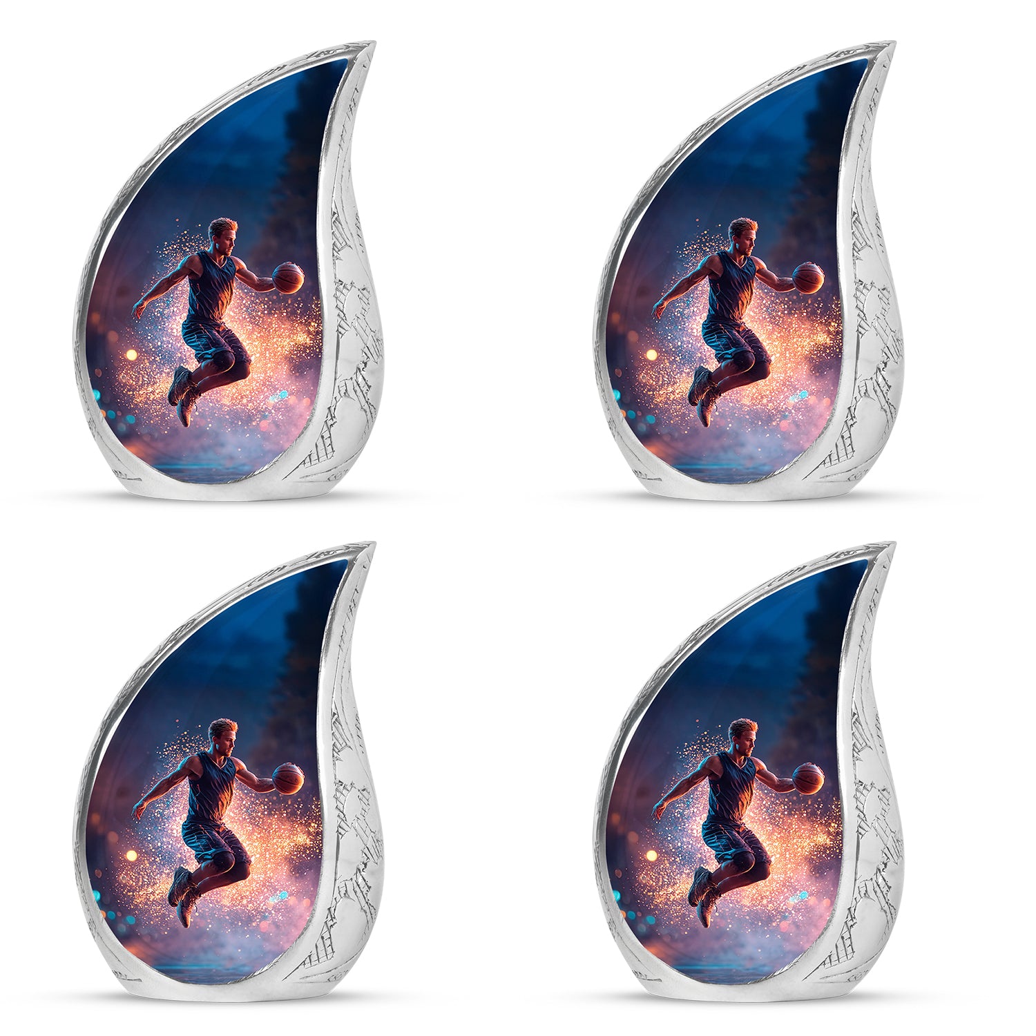 Dusty Blue Basketball Cremation Urn close-up of engraving and surface detail - flowing teardrop basketball silhouette on curved aluminum - 10 inch aluminum urn for cremated remains