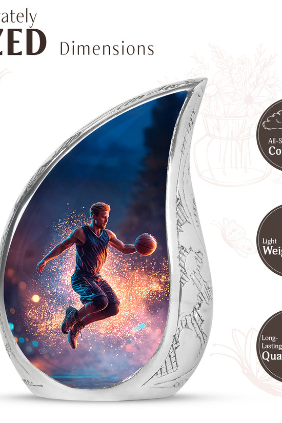 Serene Blue Basketball Cremation Urn angled view of lid and engraved motif - smooth teardrop contour featuring basketball art - mini keepsake memorial for portion of cremation ashes