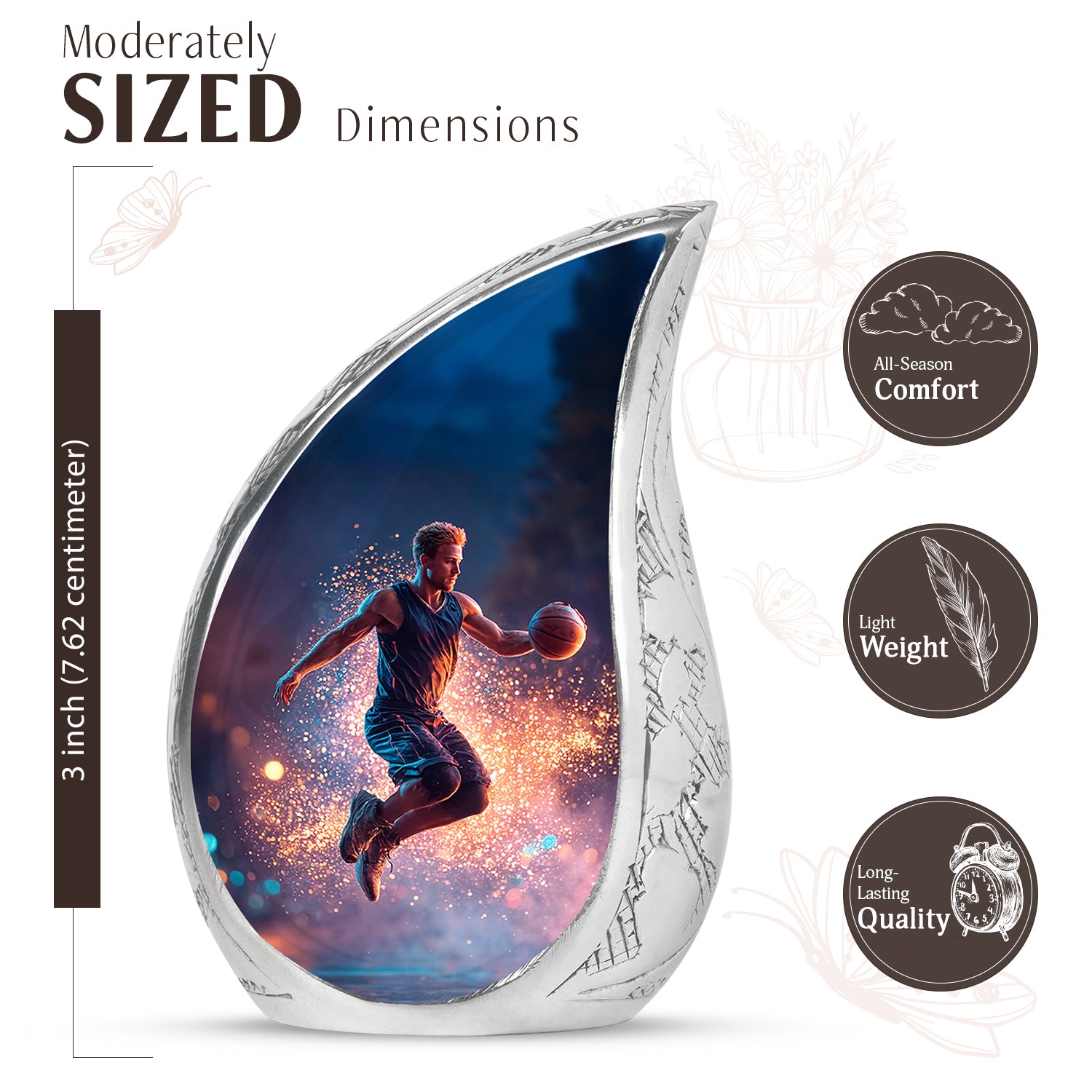 Serene Blue Basketball Cremation Urn angled view of lid and engraved motif - smooth teardrop contour featuring basketball art - mini keepsake memorial for portion of cremation ashes