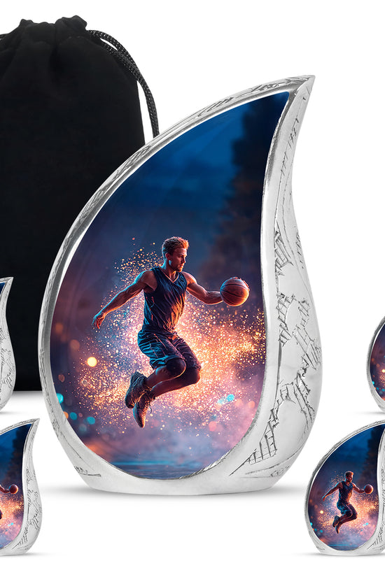 Sky Blue Basketball Cremation Urn side profile showing urn shape - rounded teardrop basketball design with delicate detail - memorial set with one large and four small urns