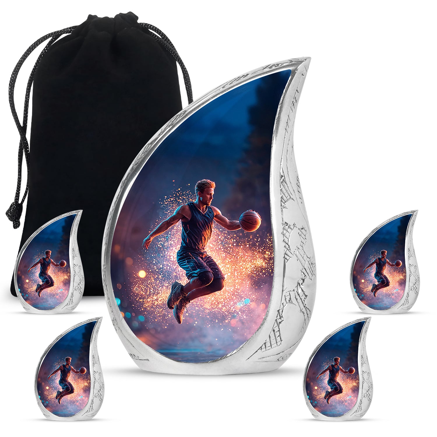 Sky Blue Basketball Cremation Urn side profile showing urn shape - rounded teardrop basketball design with delicate detail - memorial set with one large and four small urns