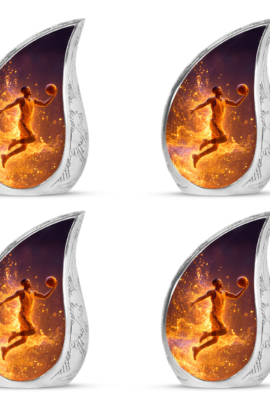 Obsidian Black Basketball Cremation Urn close-up of engraving and surface detail - smooth teardrop contour featuring basketball art - 10 inch aluminum urn for cremated remains