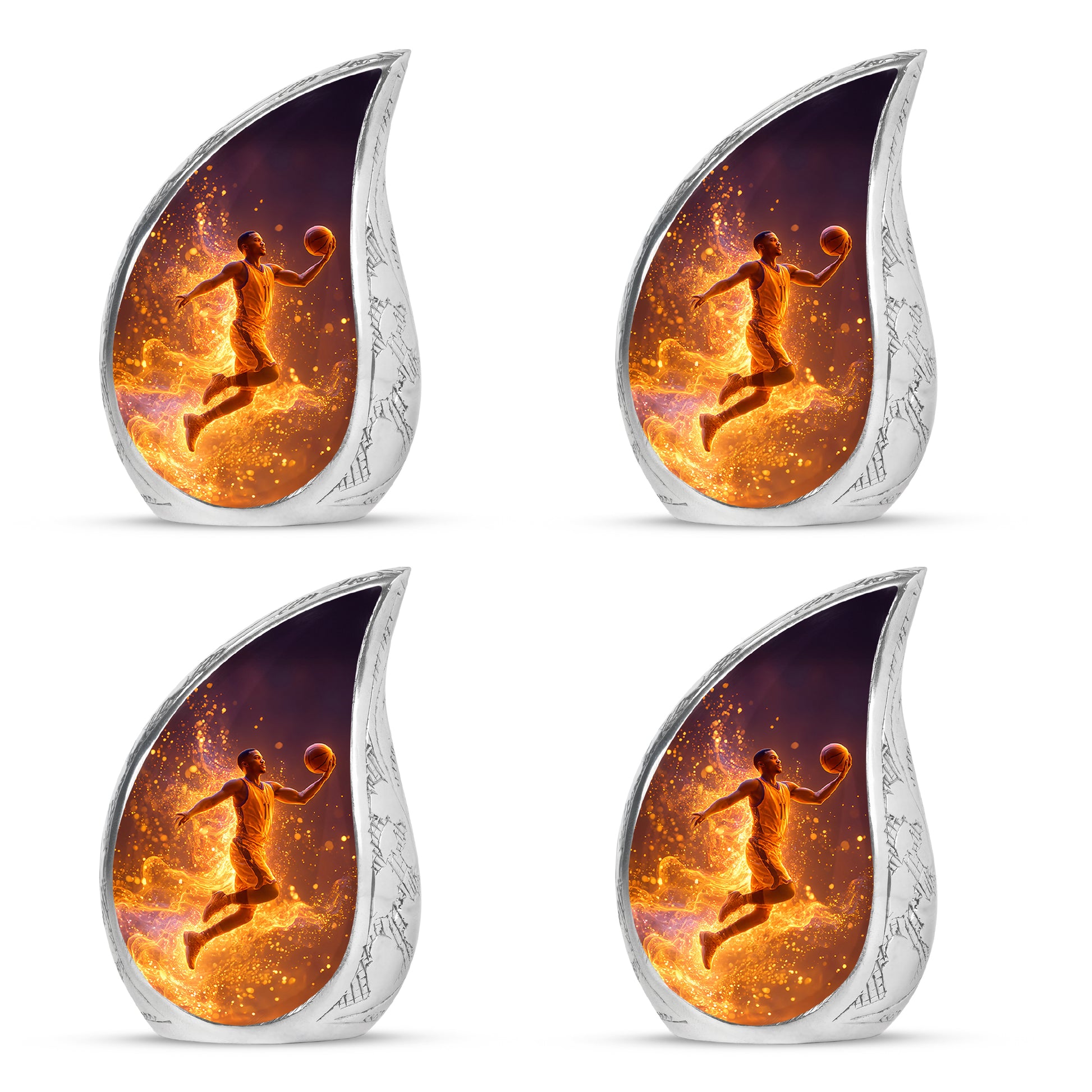 Obsidian Black Basketball Cremation Urn close-up of engraving and surface detail - smooth teardrop contour featuring basketball art - 10 inch aluminum urn for cremated remains
