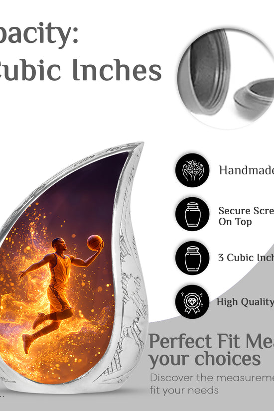 Obsidian Black Basketball Cremation Urn angled view of lid and engraved motif - graceful tear-shaped urn with basketball motif - mini keepsake memorial for portion of cremation ashes