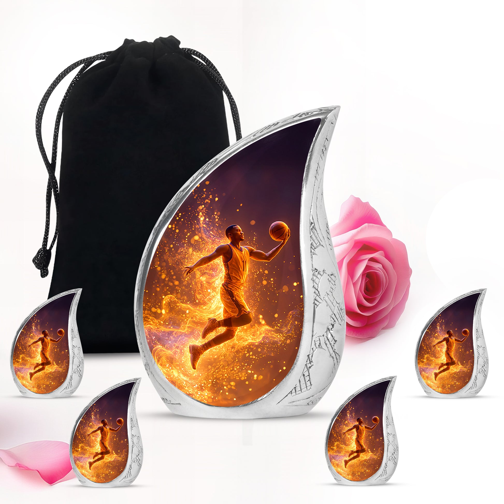 Jet Black Basketball Cremation Urn side profile showing urn shape - flowing teardrop basketball silhouette on curved aluminum - memorial set with one large and four small urns