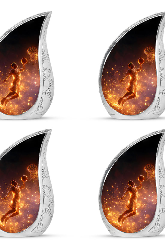 Glossy Black Basketball Cremation Urn close-up of engraving and surface detail - flowing teardrop basketball silhouette on curved aluminum - 10 inch aluminum urn for cremated remains