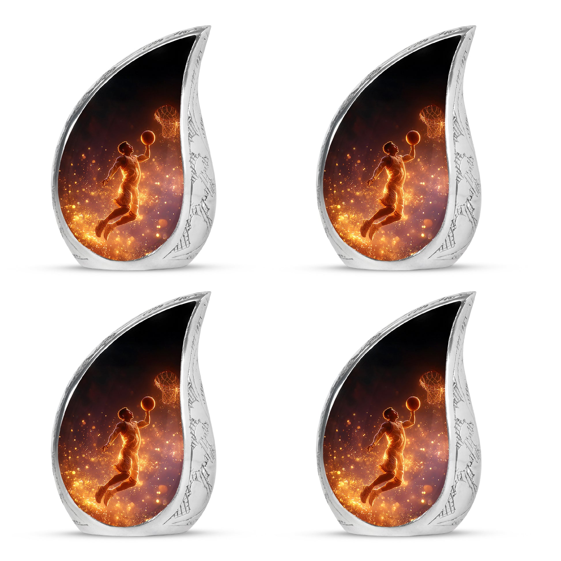 Glossy Black Basketball Cremation Urn close-up of engraving and surface detail - flowing teardrop basketball silhouette on curved aluminum - 10 inch aluminum urn for cremated remains