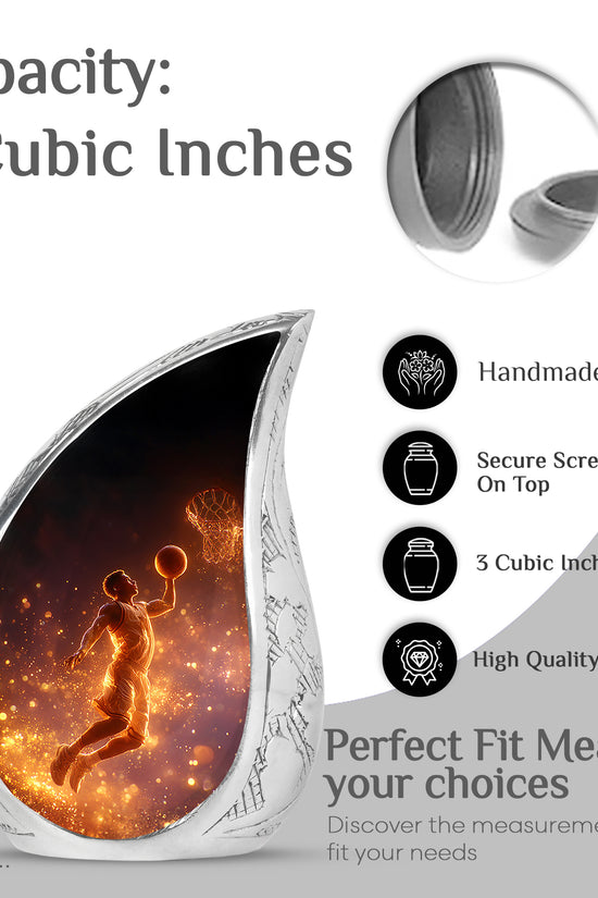 Charcoal Black Basketball Cremation Urn angled view of lid and engraved motif - smooth teardrop contour featuring basketball art - mini keepsake memorial for portion of cremation ashes