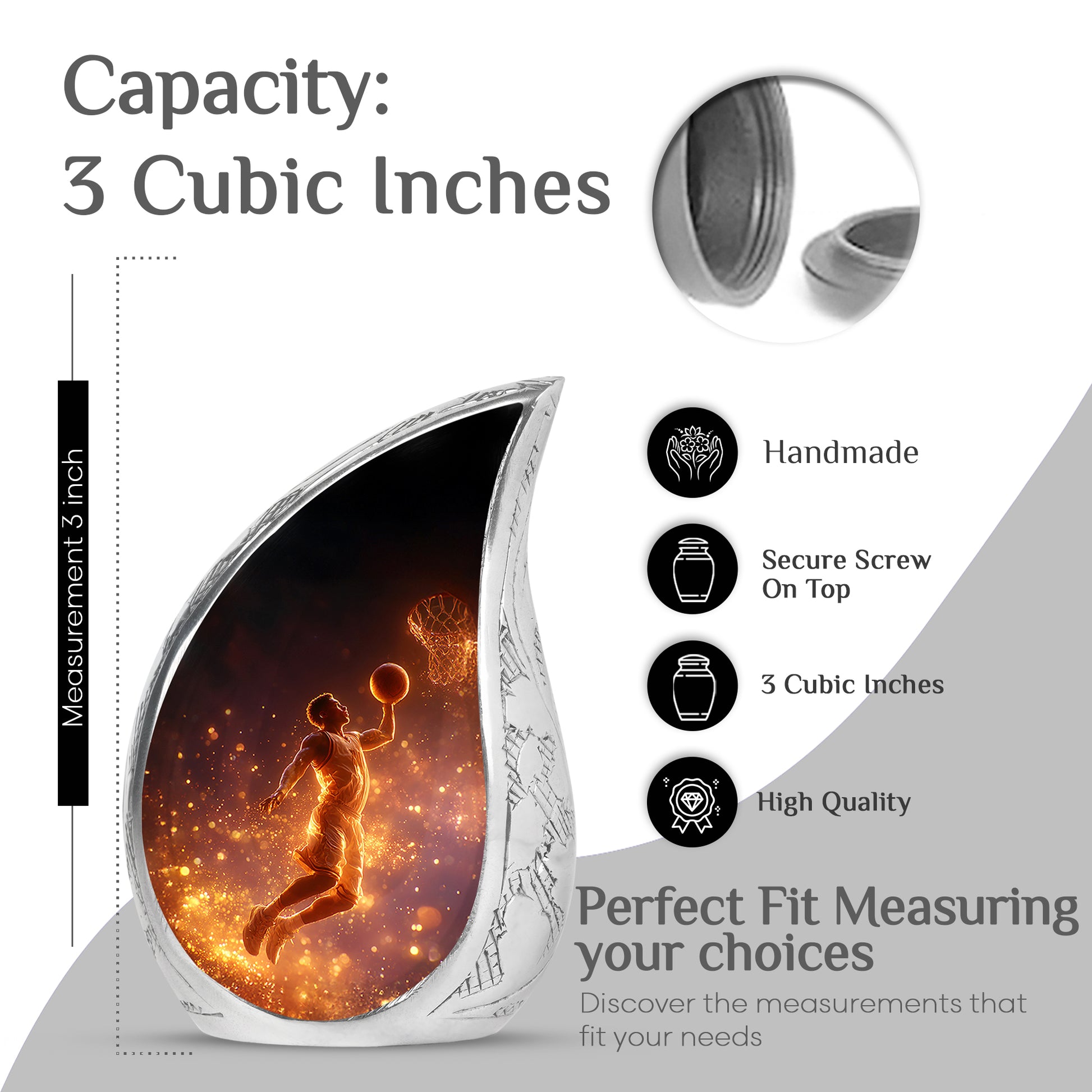 Charcoal Black Basketball Cremation Urn angled view of lid and engraved motif - smooth teardrop contour featuring basketball art - mini keepsake memorial for portion of cremation ashes