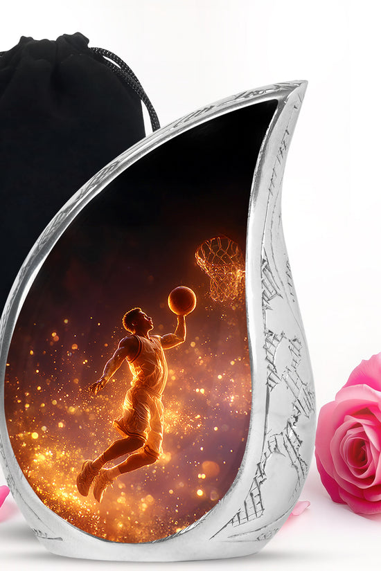 Dark Black Basketball Cremation Urn front view showing detailed design - smooth teardrop contour featuring basketball art - full-size 10 inch 200 cubic inch adult cremation urn
