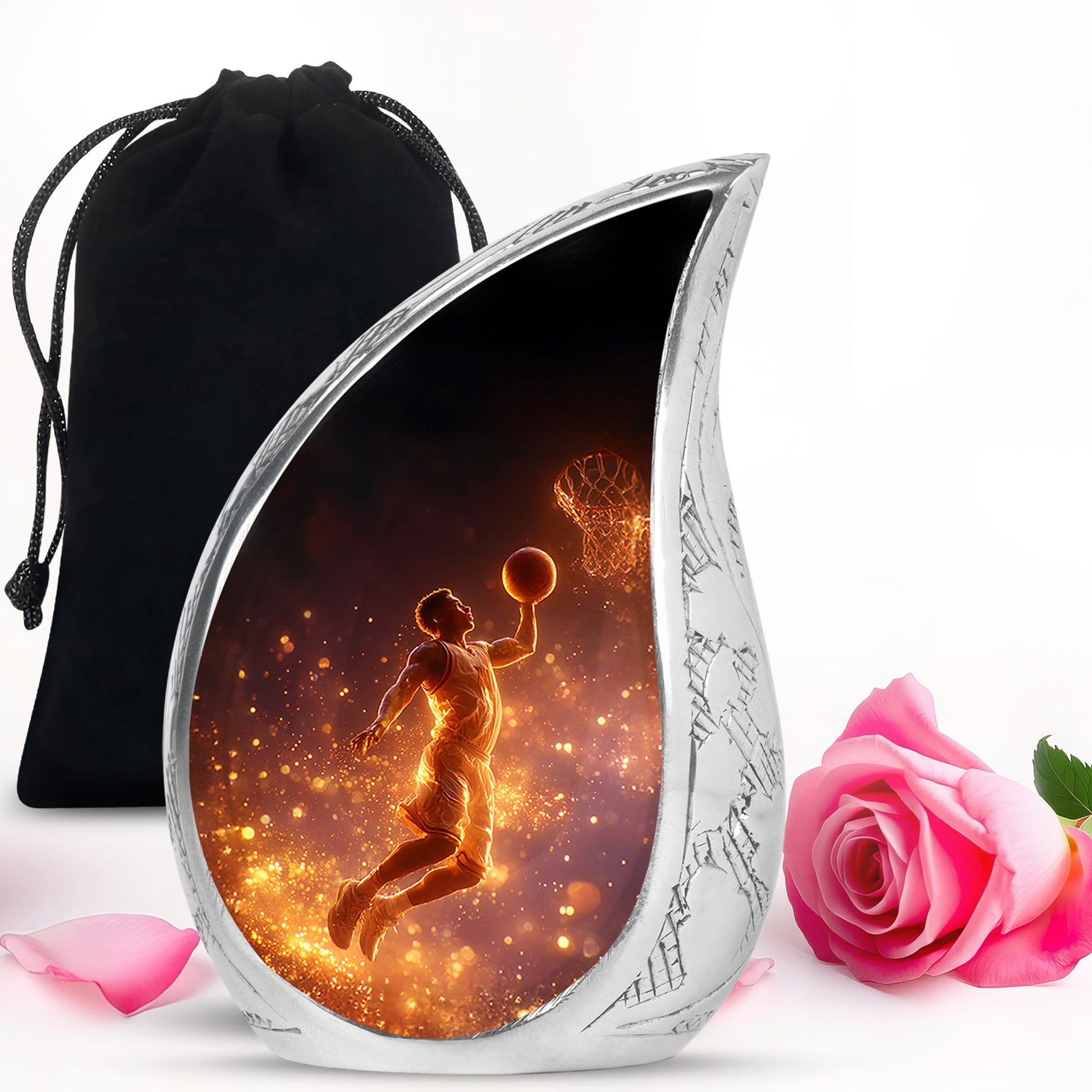 Dark Black Basketball Cremation Urn front view showing detailed design - smooth teardrop contour featuring basketball art - full-size 10 inch 200 cubic inch adult cremation urn