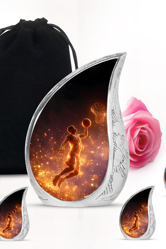 Jet Black Basketball Cremation Urn side profile showing urn shape - rounded teardrop basketball design with delicate detail - memorial set with one large and four small urns