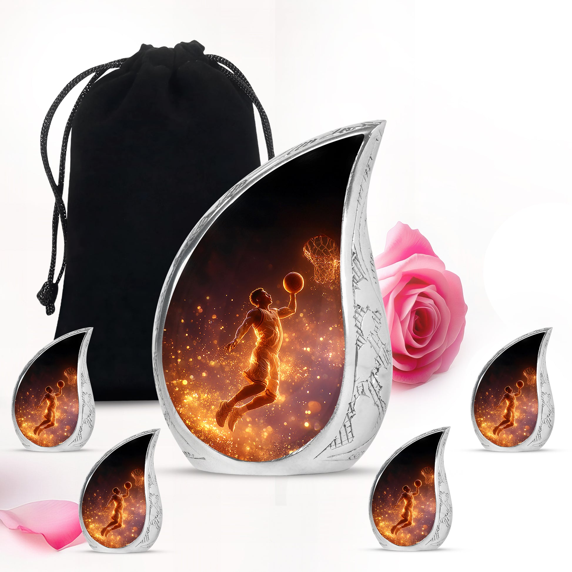 Jet Black Basketball Cremation Urn side profile showing urn shape - rounded teardrop basketball design with delicate detail - memorial set with one large and four small urns