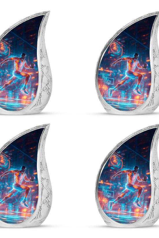 Serene Blue Basketball Cremation Urn close-up of engraving and surface detail - smooth teardrop contour featuring basketball art - 10 inch aluminum urn for cremated remains