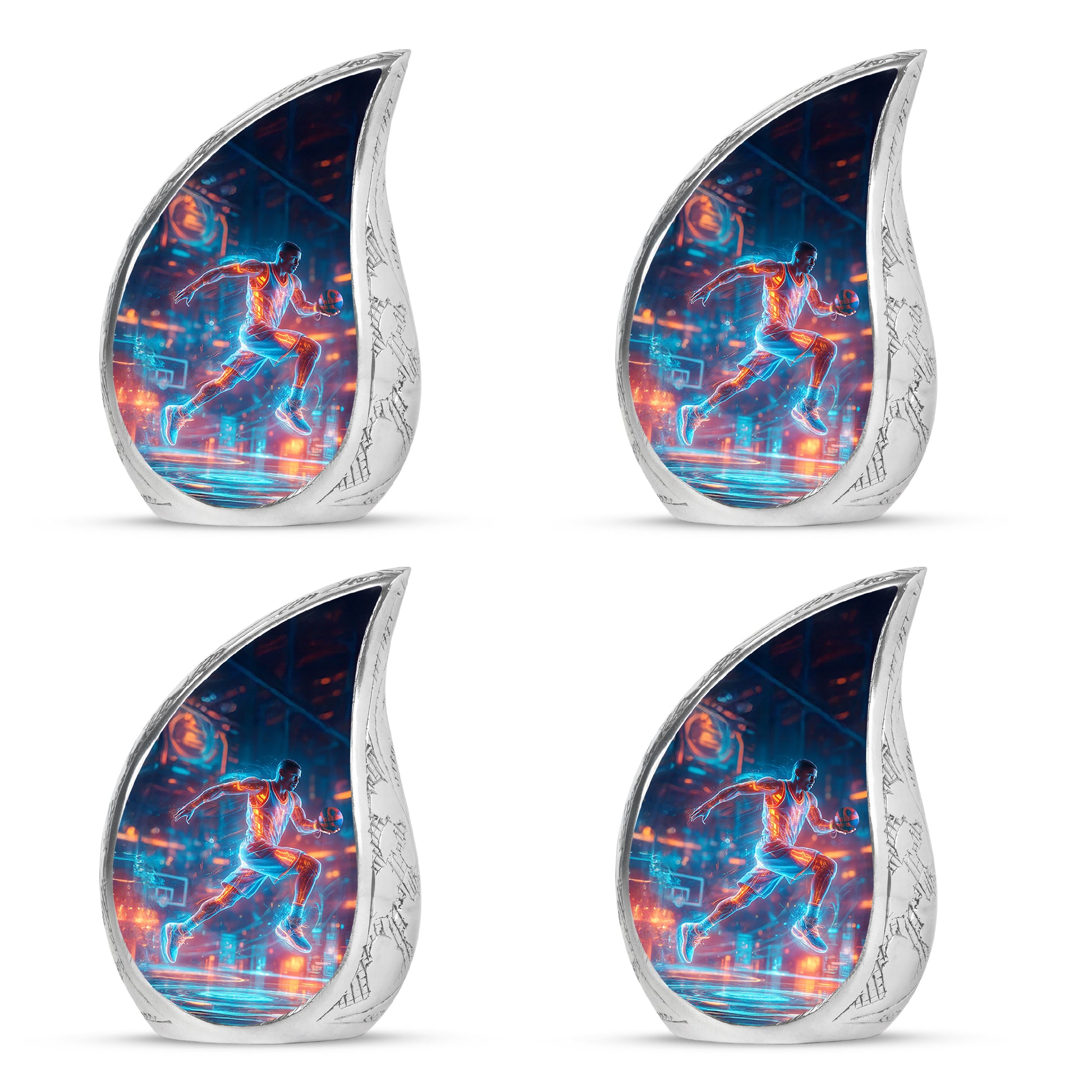 Serene Blue Basketball Cremation Urn close-up of engraving and surface detail - smooth teardrop contour featuring basketball art - 10 inch aluminum urn for cremated remains