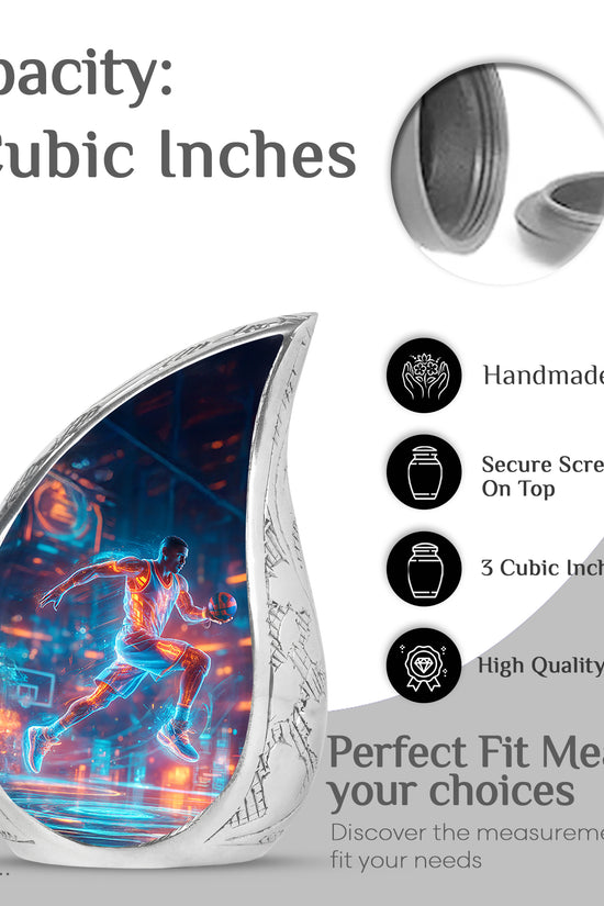 Celestial Blue Basketball Cremation Urn angled view of lid and engraved motif - flowing teardrop basketball silhouette on curved aluminum - mini keepsake memorial for portion of cremation ashes