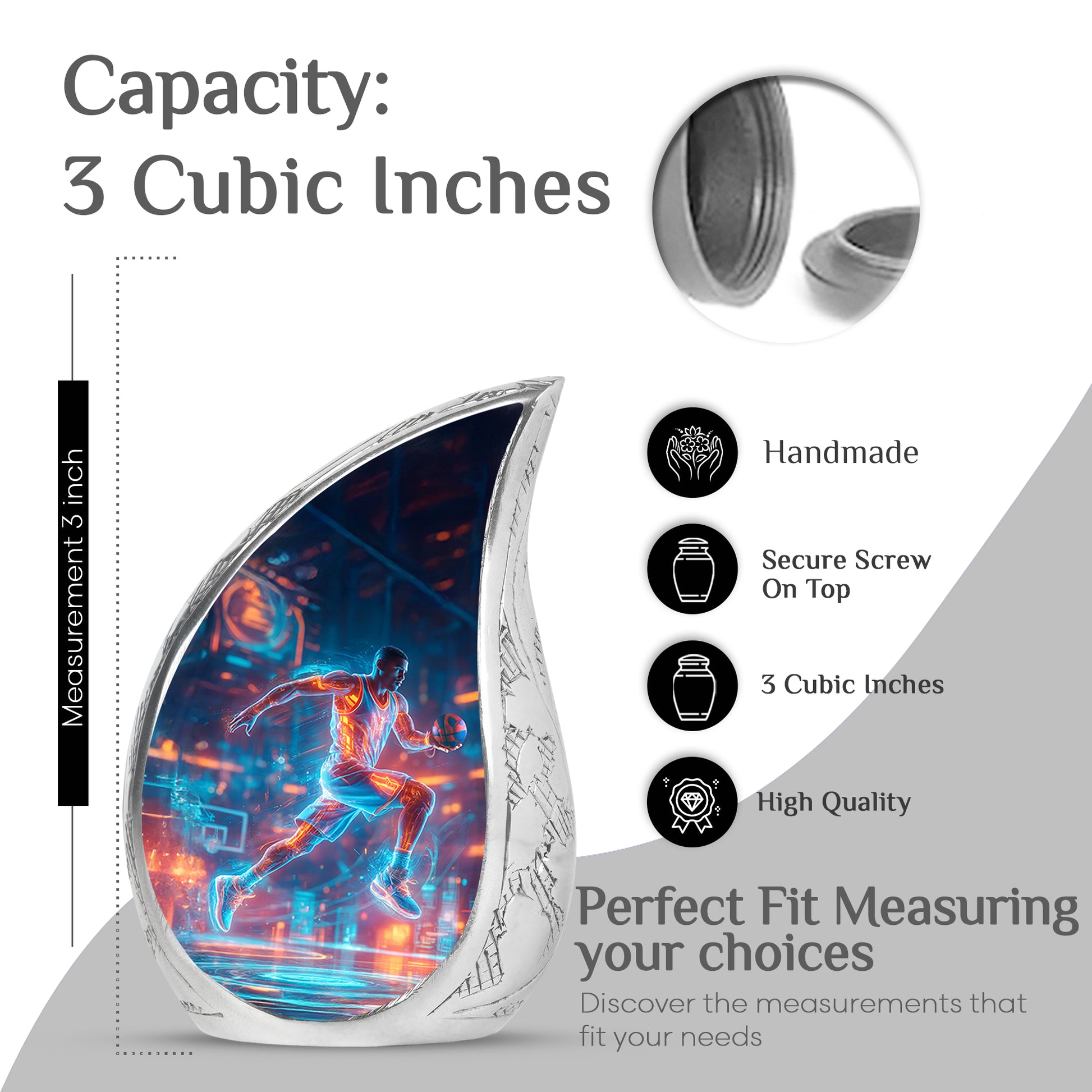 Celestial Blue Basketball Cremation Urn angled view of lid and engraved motif - flowing teardrop basketball silhouette on curved aluminum - mini keepsake memorial for portion of cremation ashes