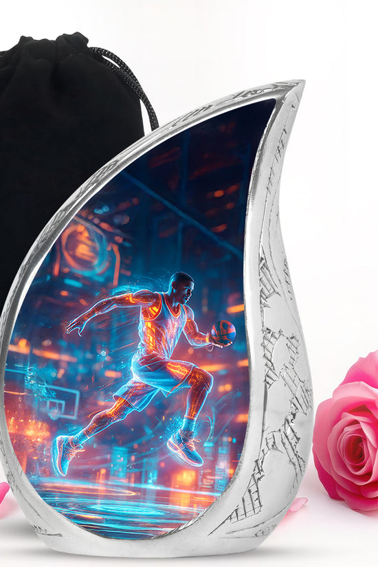 Steel Blue Basketball Cremation Urn front view showing detailed design - graceful tear-shaped urn with basketball motif - full-size 10 inch 200 cubic inch adult cremation urn