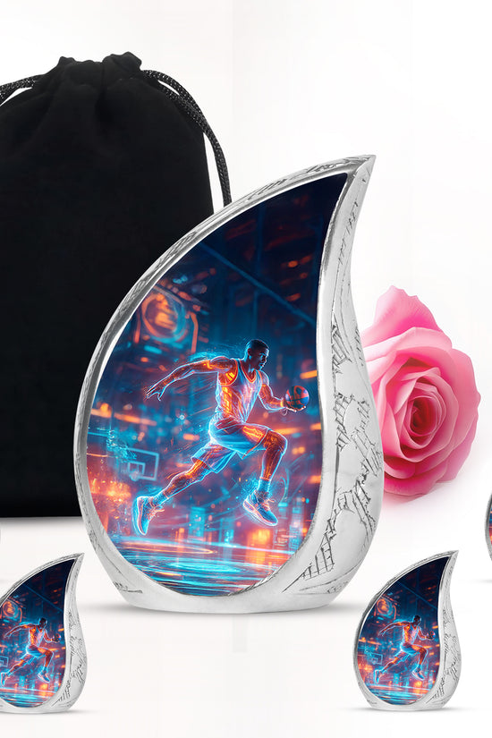 Sky Blue Basketball Cremation Urn side profile showing urn shape - flowing teardrop basketball silhouette on curved aluminum - memorial set with one large and four small urns