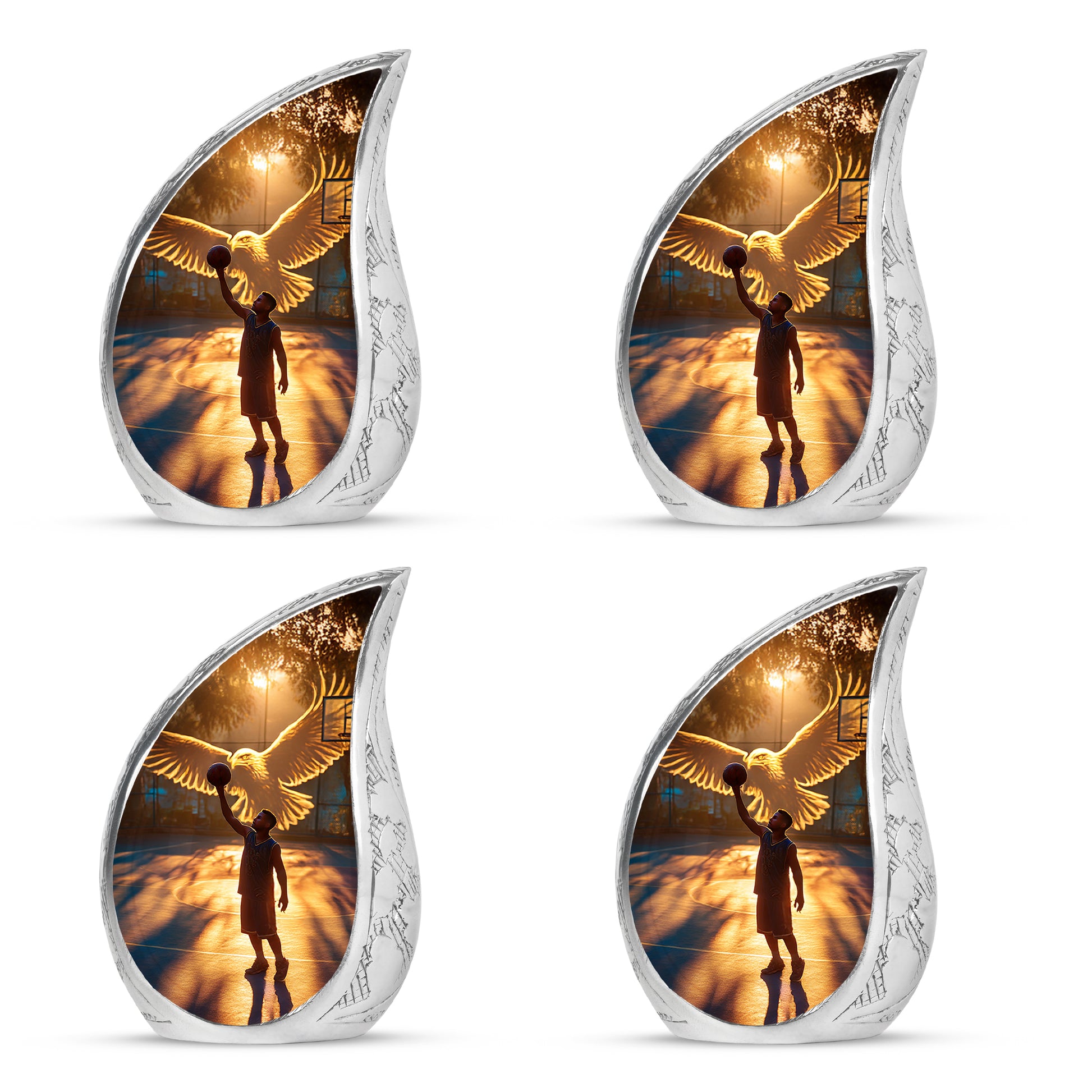 Jet Black Basketball Cremation Urn close-up of engraving and surface detail - flowing teardrop basketball silhouette on curved aluminum - 10 inch aluminum urn for cremated remains