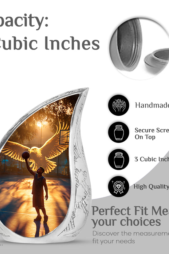 Dark Black Basketball Cremation Urn angled view of lid and engraved motif - smooth teardrop contour featuring basketball art - mini keepsake memorial for portion of cremation ashes