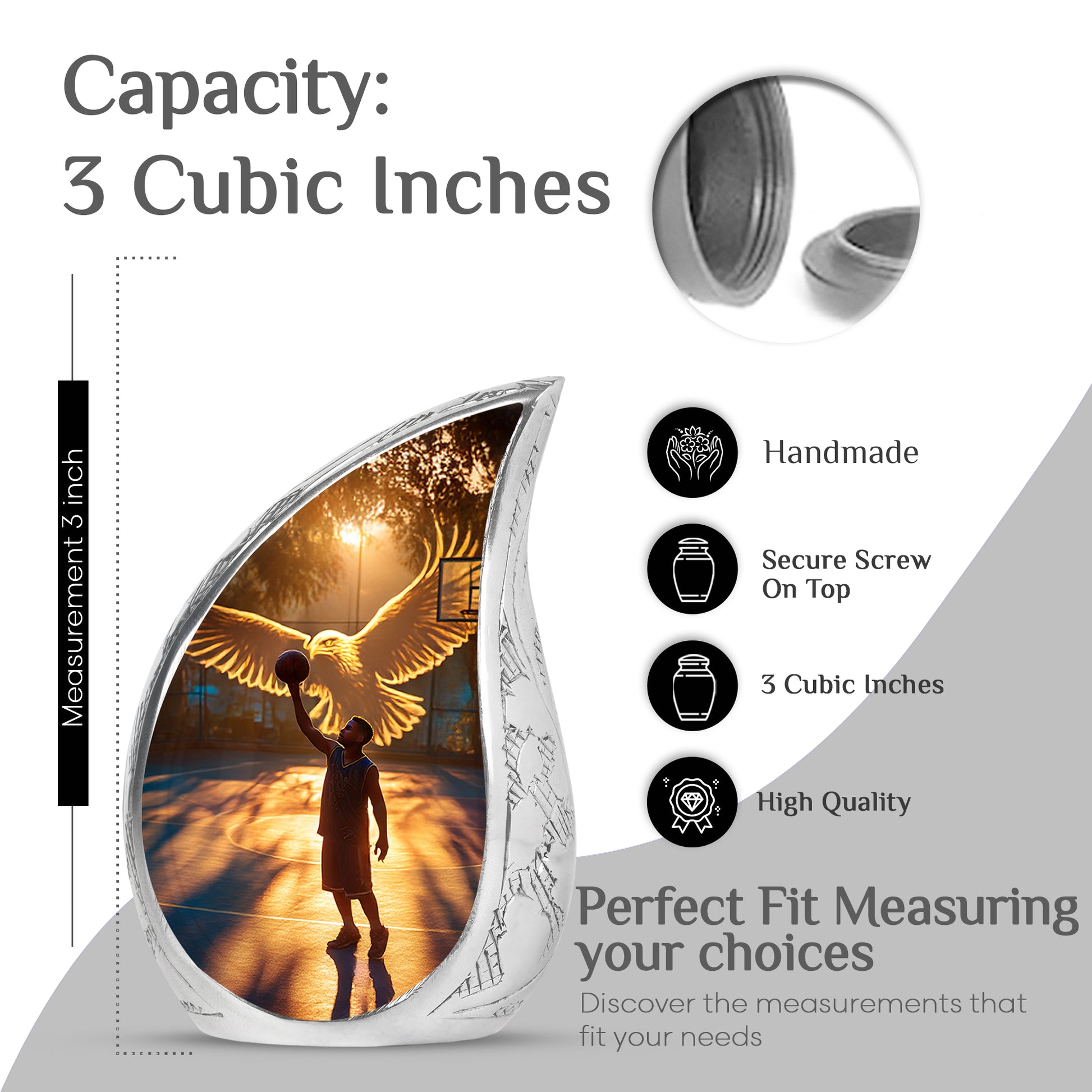 Dark Black Basketball Cremation Urn angled view of lid and engraved motif - smooth teardrop contour featuring basketball art - mini keepsake memorial for portion of cremation ashes