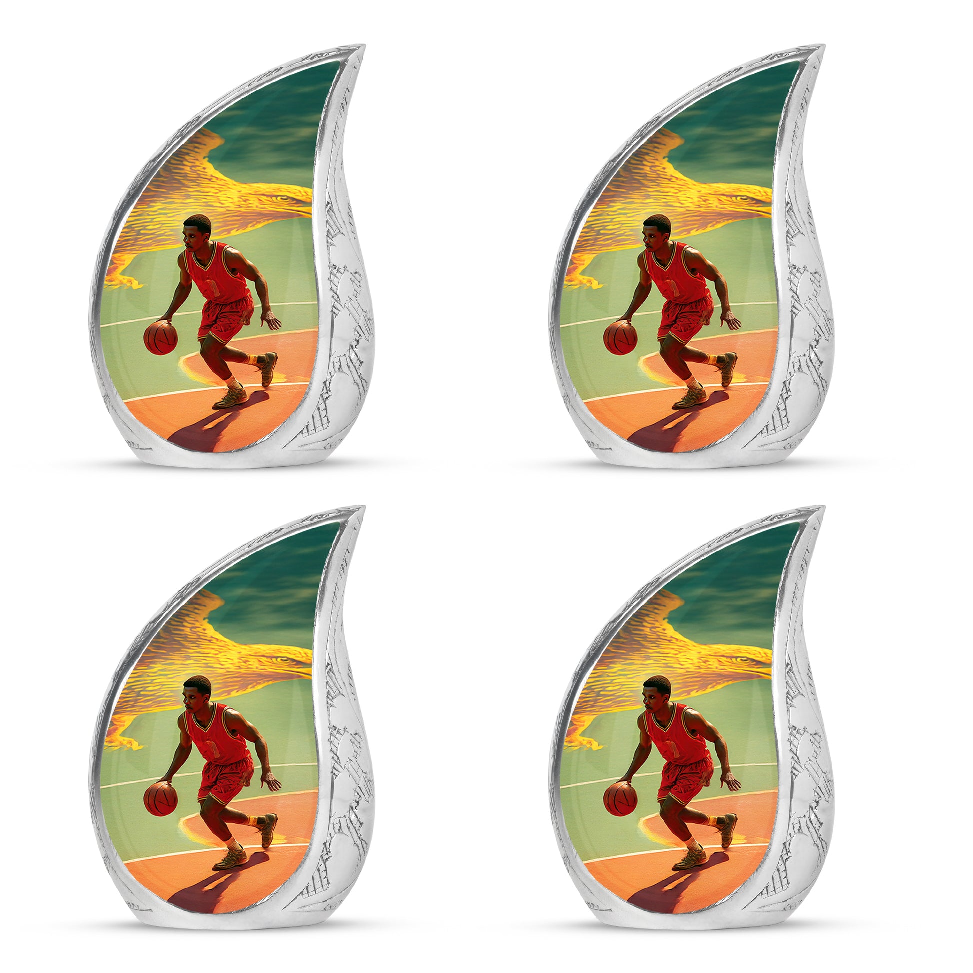 Cool Teal Basketball Cremation Urn close-up of engraving and surface detail - rounded teardrop basketball design with delicate detail - 10 inch aluminum urn for cremated remains