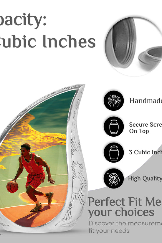 Jewel Teal Basketball Cremation Urn angled view of lid and engraved motif - rounded teardrop basketball design with delicate detail - mini keepsake memorial for portion of cremation ashes