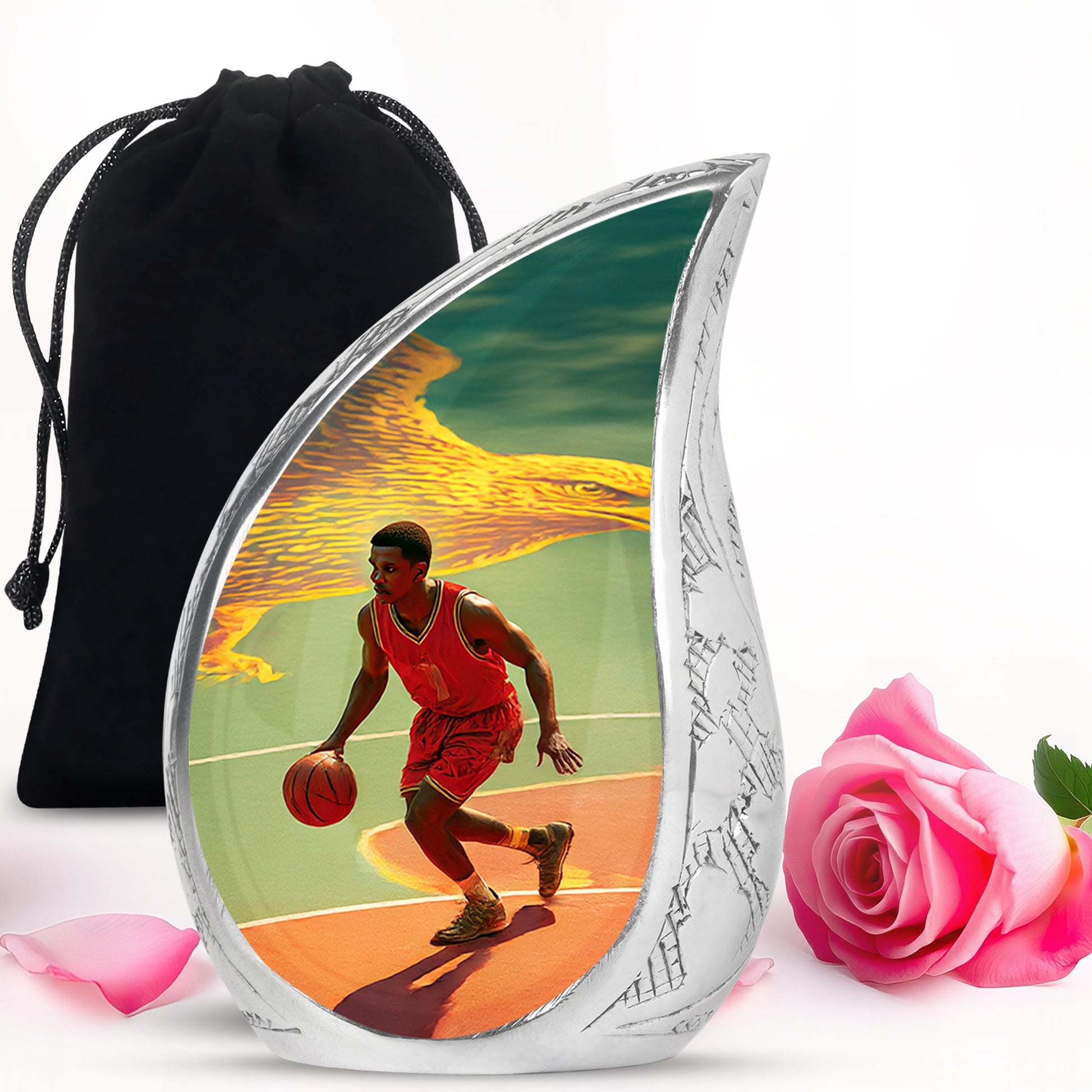 Soft Teal Basketball Cremation Urn front view showing detailed design - flowing teardrop basketball silhouette on curved aluminum - full-size 10 inch 200 cubic inch adult cremation urn