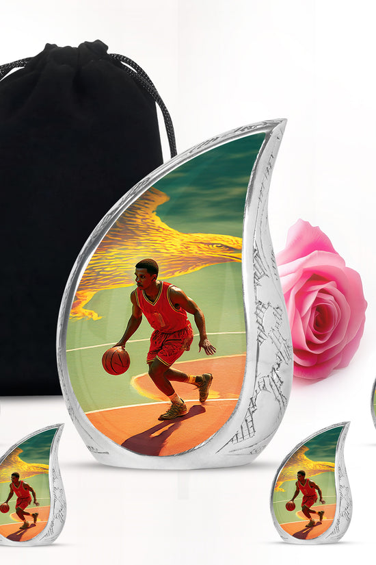 Jewel Teal Basketball Cremation Urn side profile showing urn shape - flowing teardrop basketball silhouette on curved aluminum - memorial set with one large and four small urns