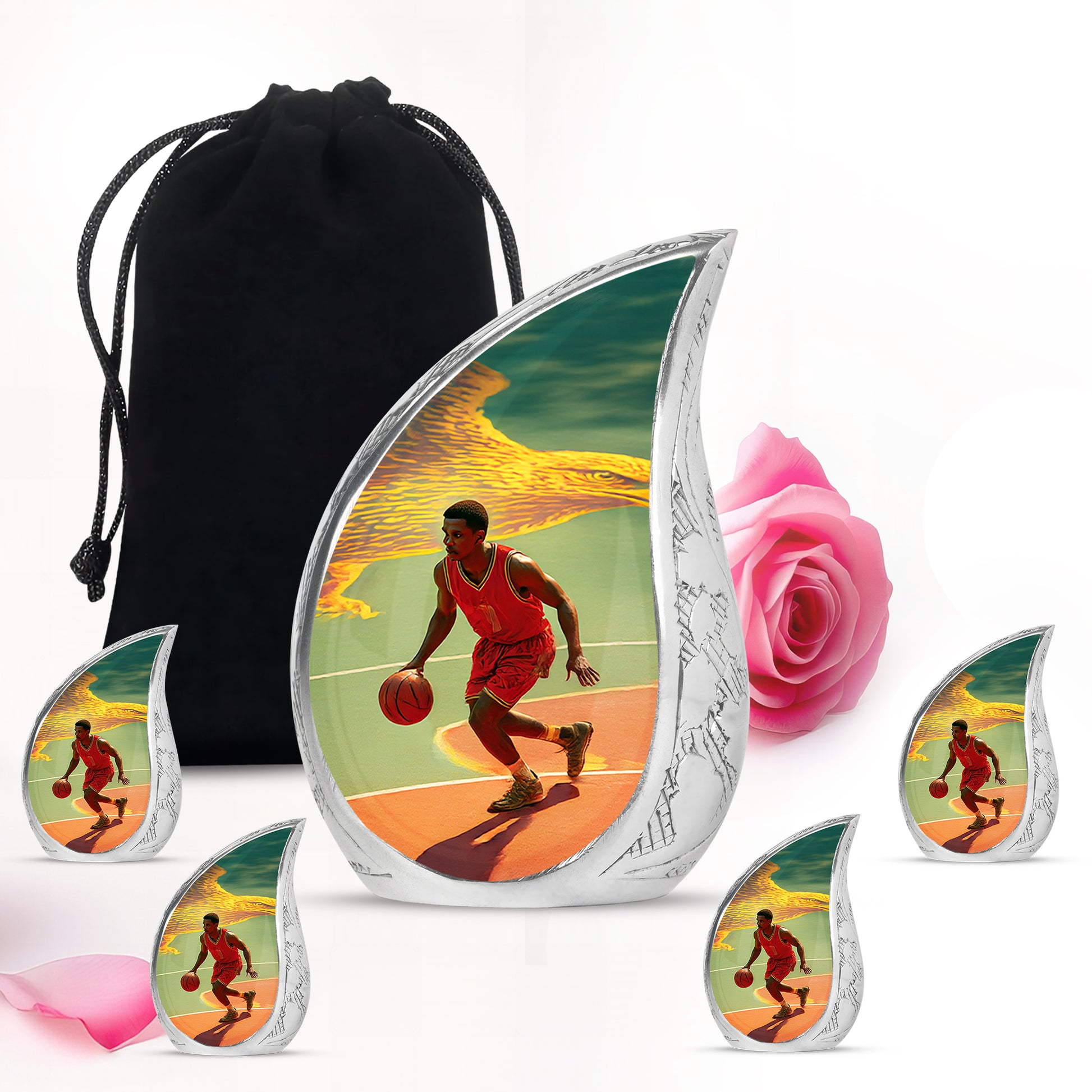 Jewel Teal Basketball Cremation Urn side profile showing urn shape - flowing teardrop basketball silhouette on curved aluminum - memorial set with one large and four small urns