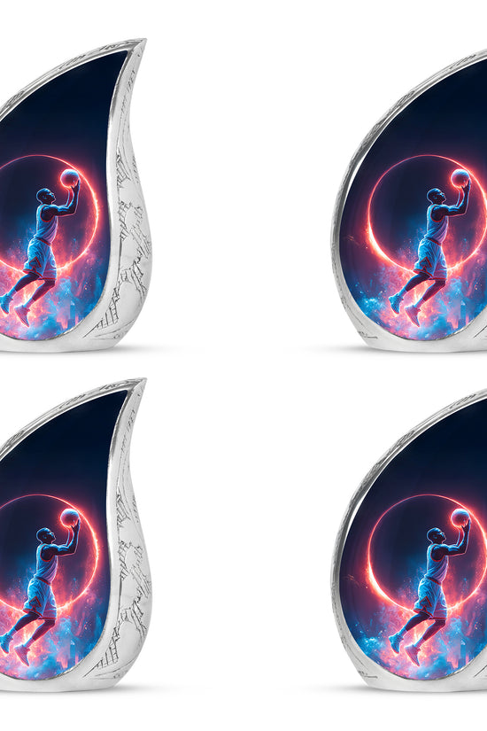 Cobalt Blue Basketball Cremation Urn close-up of engraving and surface detail - smooth teardrop contour featuring basketball art - 10 inch aluminum urn for cremated remains