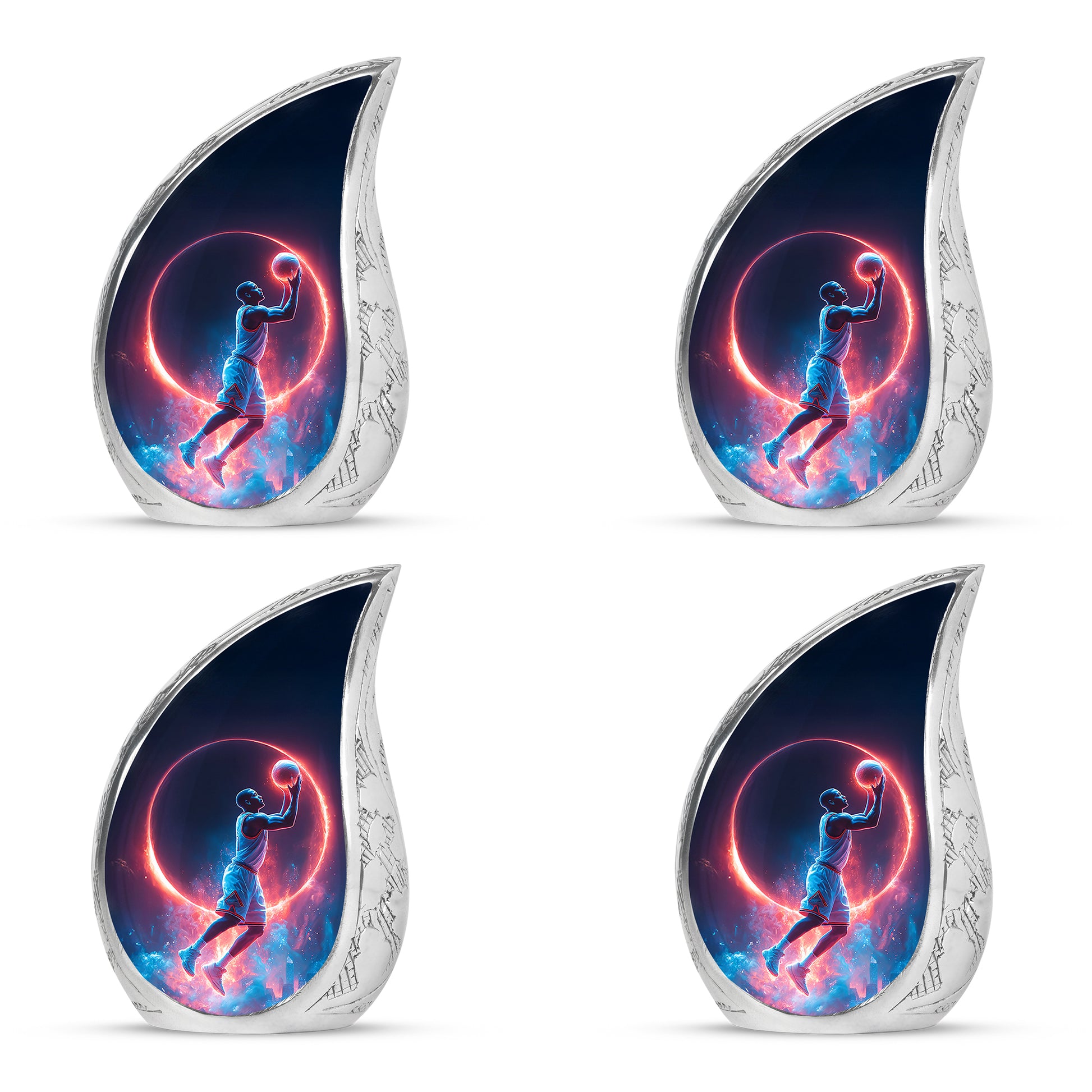 Cobalt Blue Basketball Cremation Urn close-up of engraving and surface detail - smooth teardrop contour featuring basketball art - 10 inch aluminum urn for cremated remains