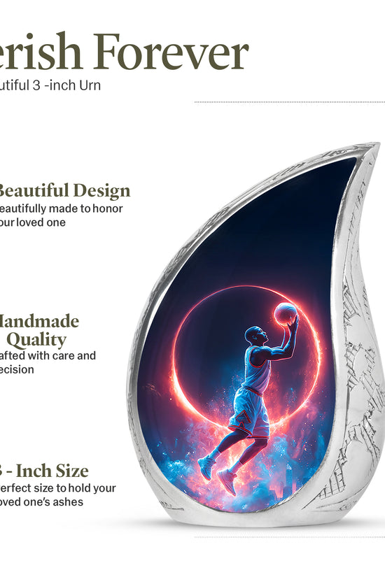 Misty Blue Basketball Cremation Urn angled view of lid and engraved motif - rounded teardrop basketball design with delicate detail - mini keepsake memorial for portion of cremation ashes