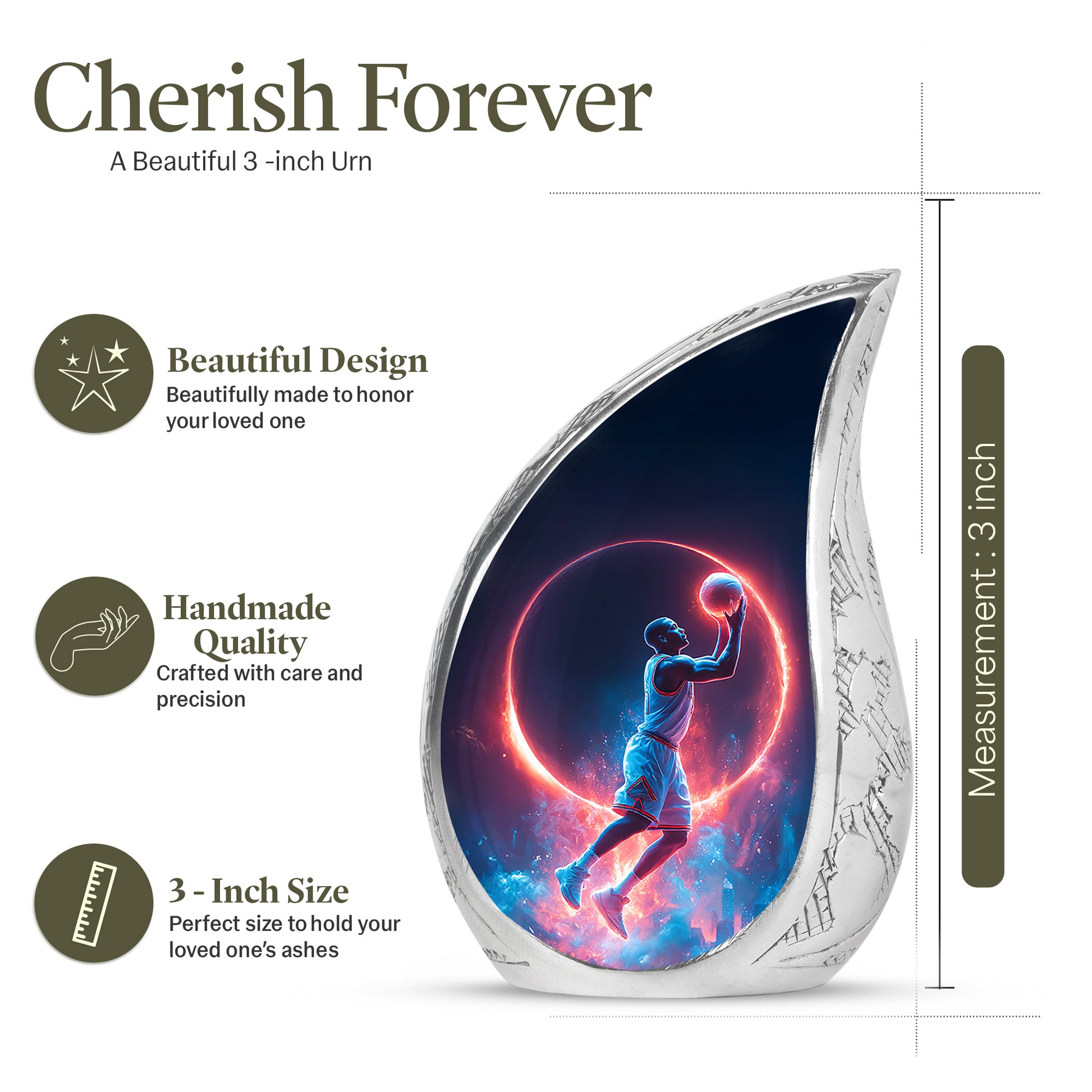 Misty Blue Basketball Cremation Urn angled view of lid and engraved motif - rounded teardrop basketball design with delicate detail - mini keepsake memorial for portion of cremation ashes