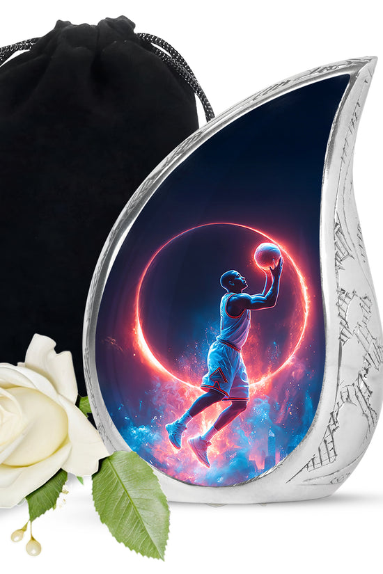 Calming Blue Basketball Cremation Urn front view showing detailed design - smooth teardrop contour featuring basketball art - full-size 10 inch 200 cubic inch adult cremation urn