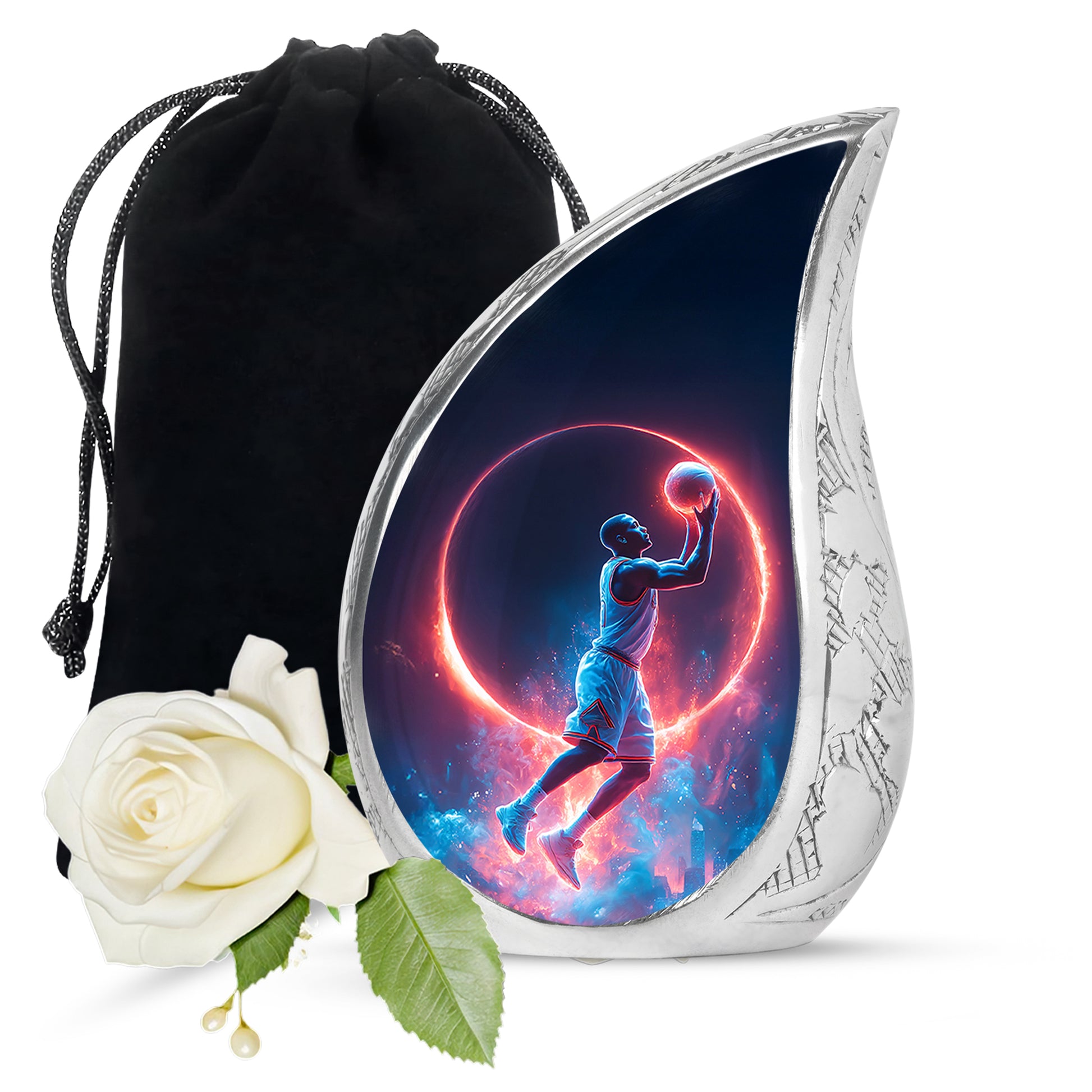 Calming Blue Basketball Cremation Urn front view showing detailed design - smooth teardrop contour featuring basketball art - full-size 10 inch 200 cubic inch adult cremation urn