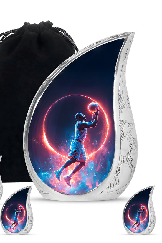 Navy Blue Basketball Cremation Urn side profile showing urn shape - flowing teardrop basketball silhouette on curved aluminum - memorial set with one large and four small urns