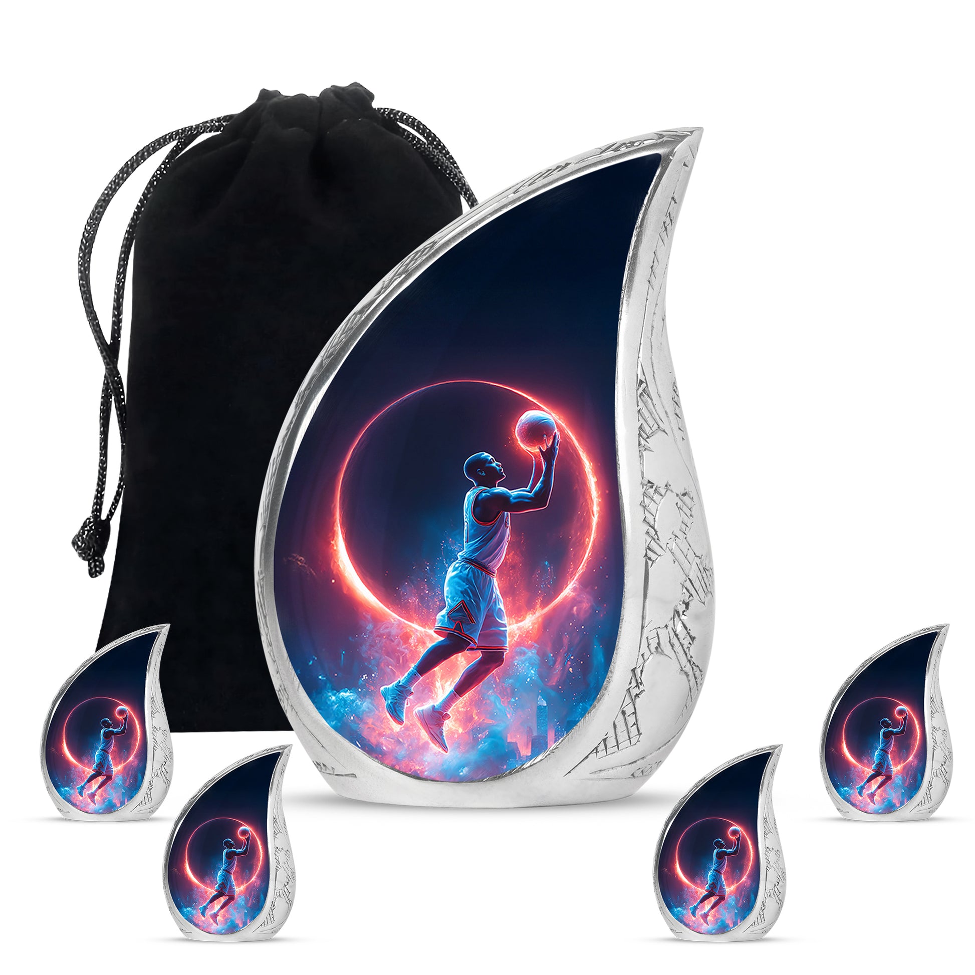 Navy Blue Basketball Cremation Urn side profile showing urn shape - flowing teardrop basketball silhouette on curved aluminum - memorial set with one large and four small urns