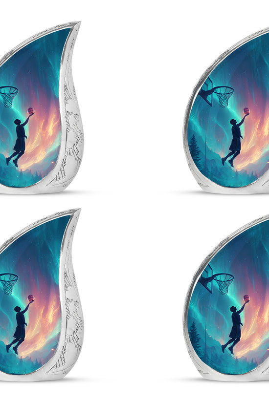 Pastel Blue Basketball Cremation Urn close-up of engraving and surface detail - flowing teardrop basketball silhouette on curved aluminum - 10 inch aluminum urn for cremated remains