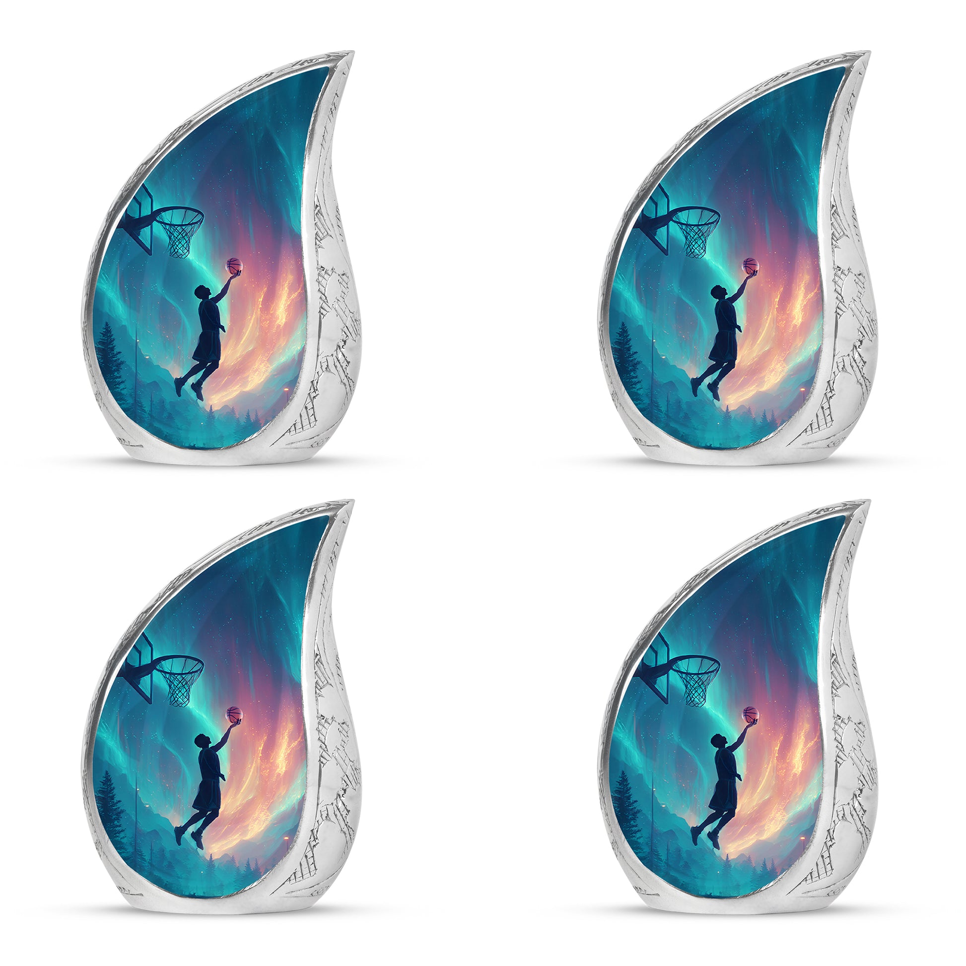 Pastel Blue Basketball Cremation Urn close-up of engraving and surface detail - flowing teardrop basketball silhouette on curved aluminum - 10 inch aluminum urn for cremated remains